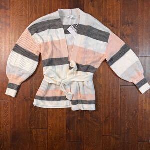 Nine West Womens Striped Belted Cardigan Sweater Pink Grey White Size M